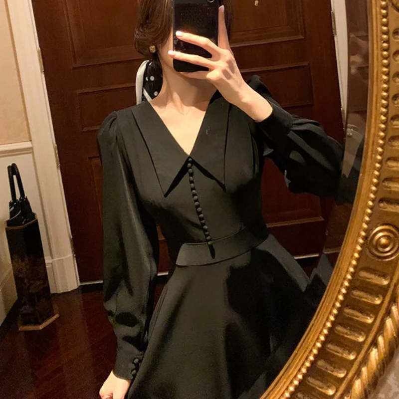 2021 Autumn French Midi Dress Office Ladies Long Sleeve Retro Black Dress Party One Piece Dress Korean Fashion Women's Clothing