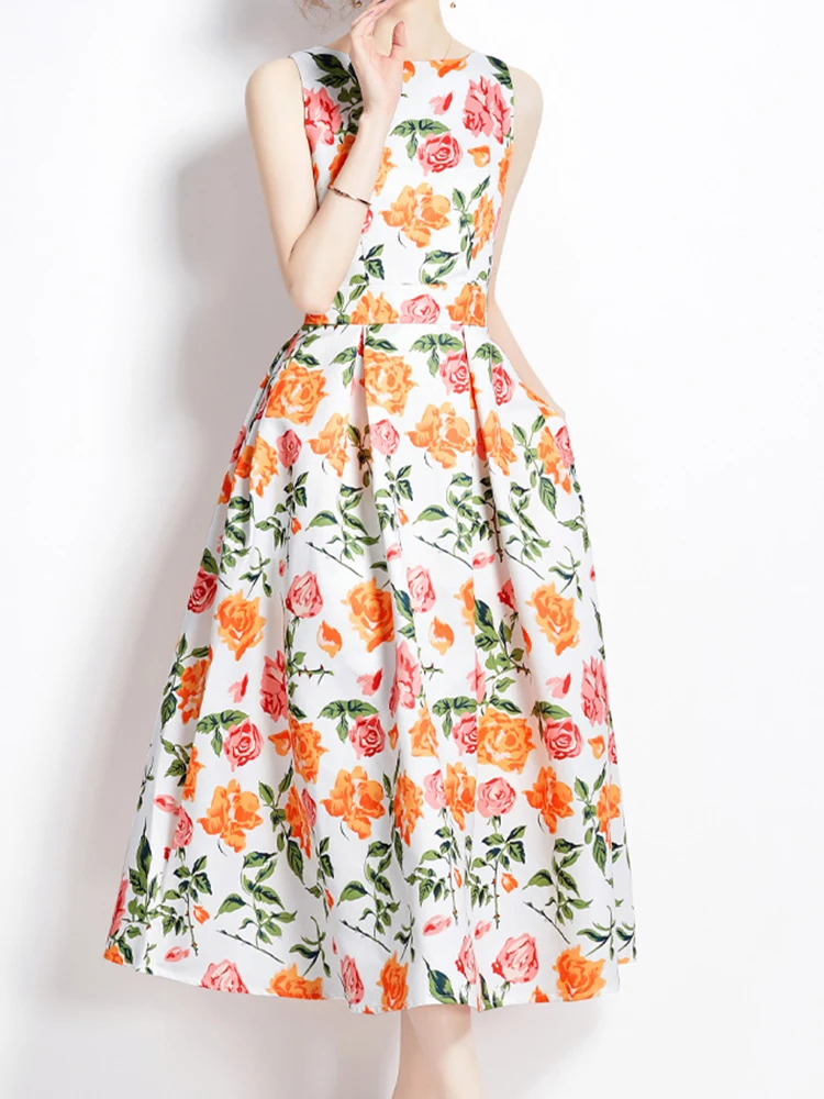 

Casual Round Neck Printed Dress With Three-Dimensional Cut Waistband A-Line Vest Skirt 2023 New Fashionable Women'S Clothing