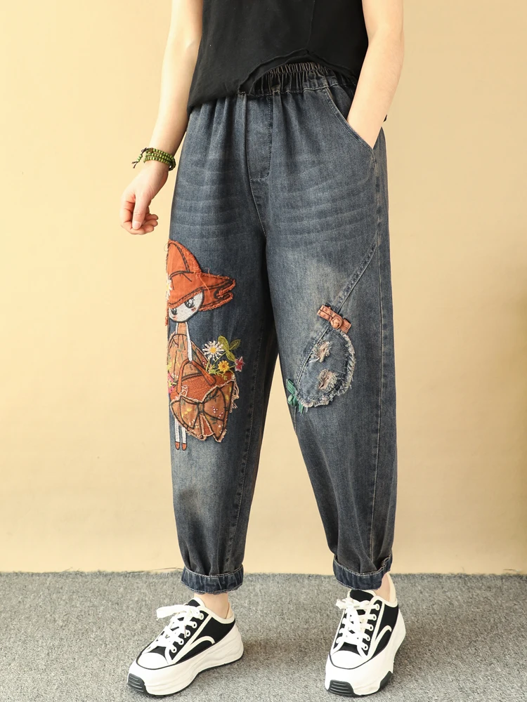 Джинсовые брюки для девочек в стиле ретро с вышивкой свободные укороченные