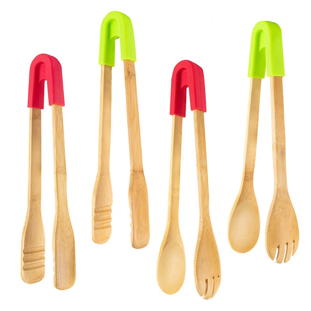 

Silicone Handle Bamboo Food Tongs Salad Cake Snack Clip Grip Barbecue Toaster Tongs Bread Tongs Pastry Clamp Kitchen BBQ Tools