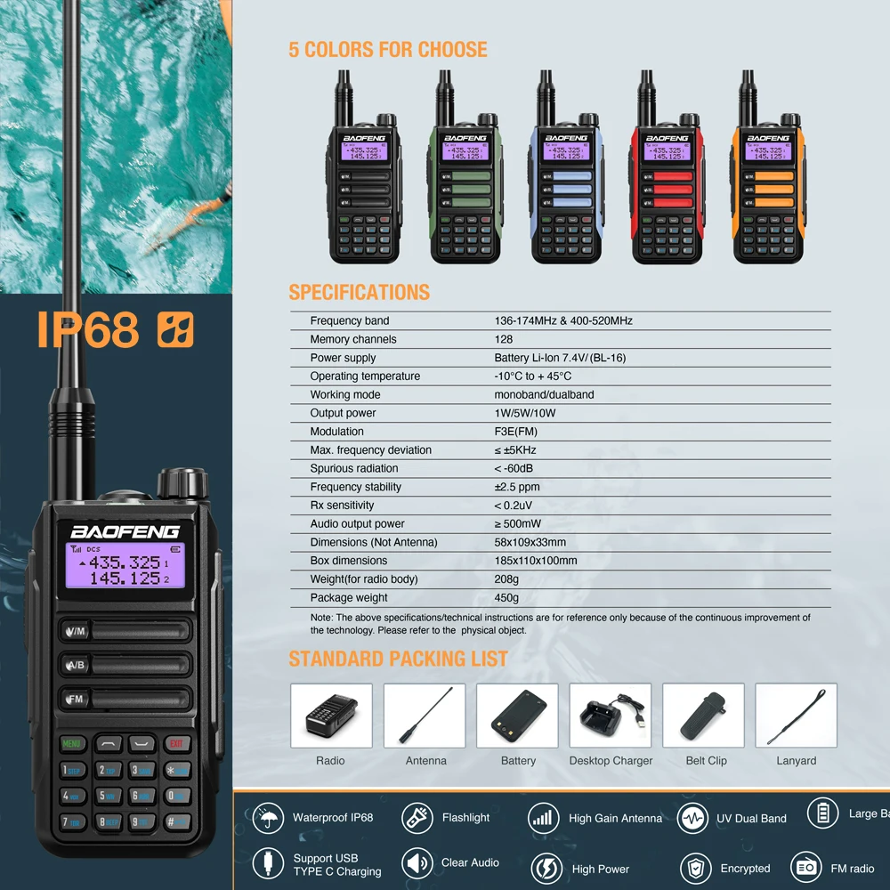 Фото Портативная рация Baofeng UV-16 Pro Mate, водостойкая, IP68, два диапазона, 136-174 и 400-520 МГц, FM, CB радио, 5 цветов, 2 упаковки №4