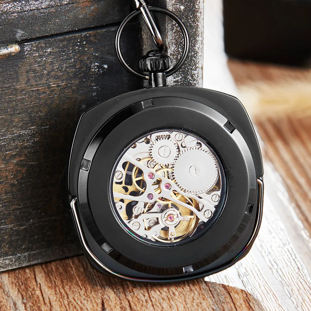 Retro Antique Black Golden  Mechanical Pocket Watch Men Women Blue Roman Numerals Dial Clock Luxury  Skeleton FOB Chain Watches