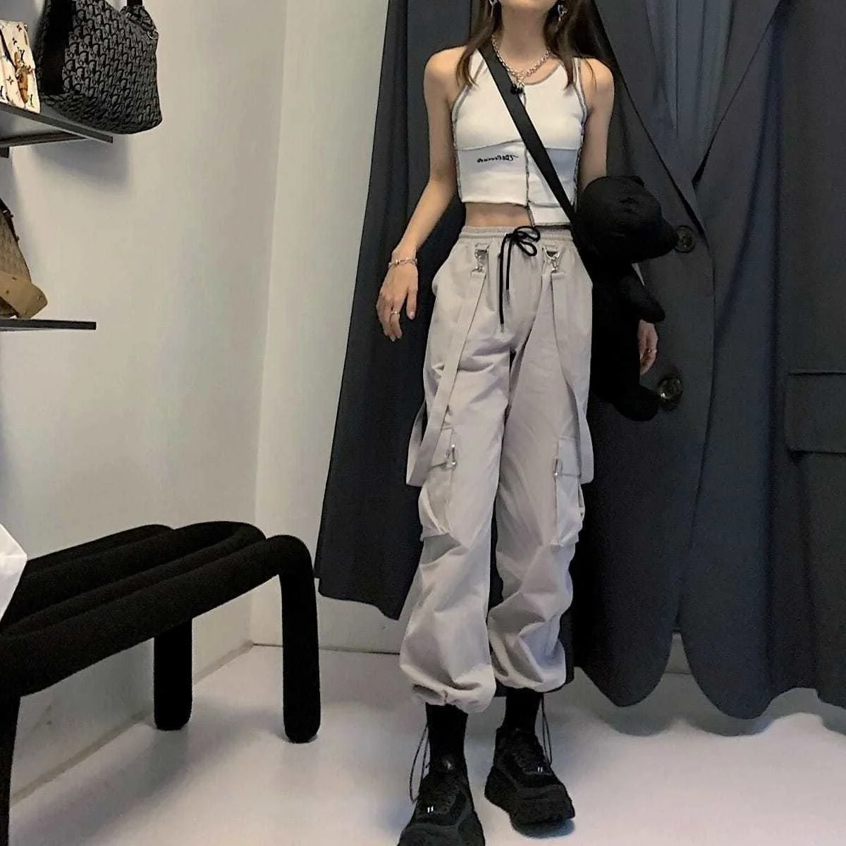 Goth Jogging Cargo Pants Women Streetwear Black High Waist Pants Oversized Pants Goth Plus Size Casual Trousers