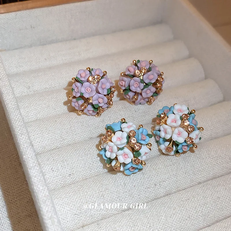 

ROPUHOV 2023 Fashion Design S925 Silver Needle Zircon-encrusted Ceramic For Women Cluster Flower Sense Small Fresh Earrings