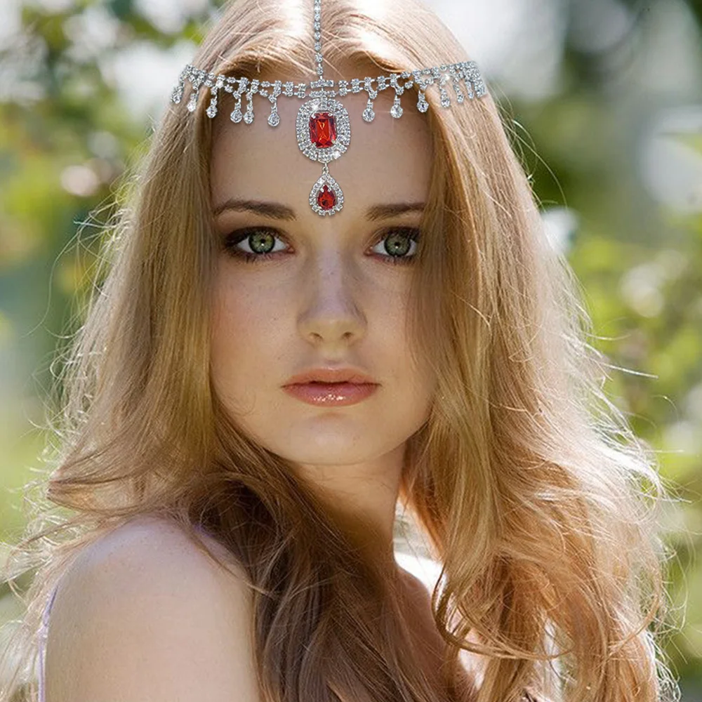 

Fashion Red Rhinestone Women Water Drop Forehead Chain Headdress Crystal Bride Tiara Headband Jewelry Accessories