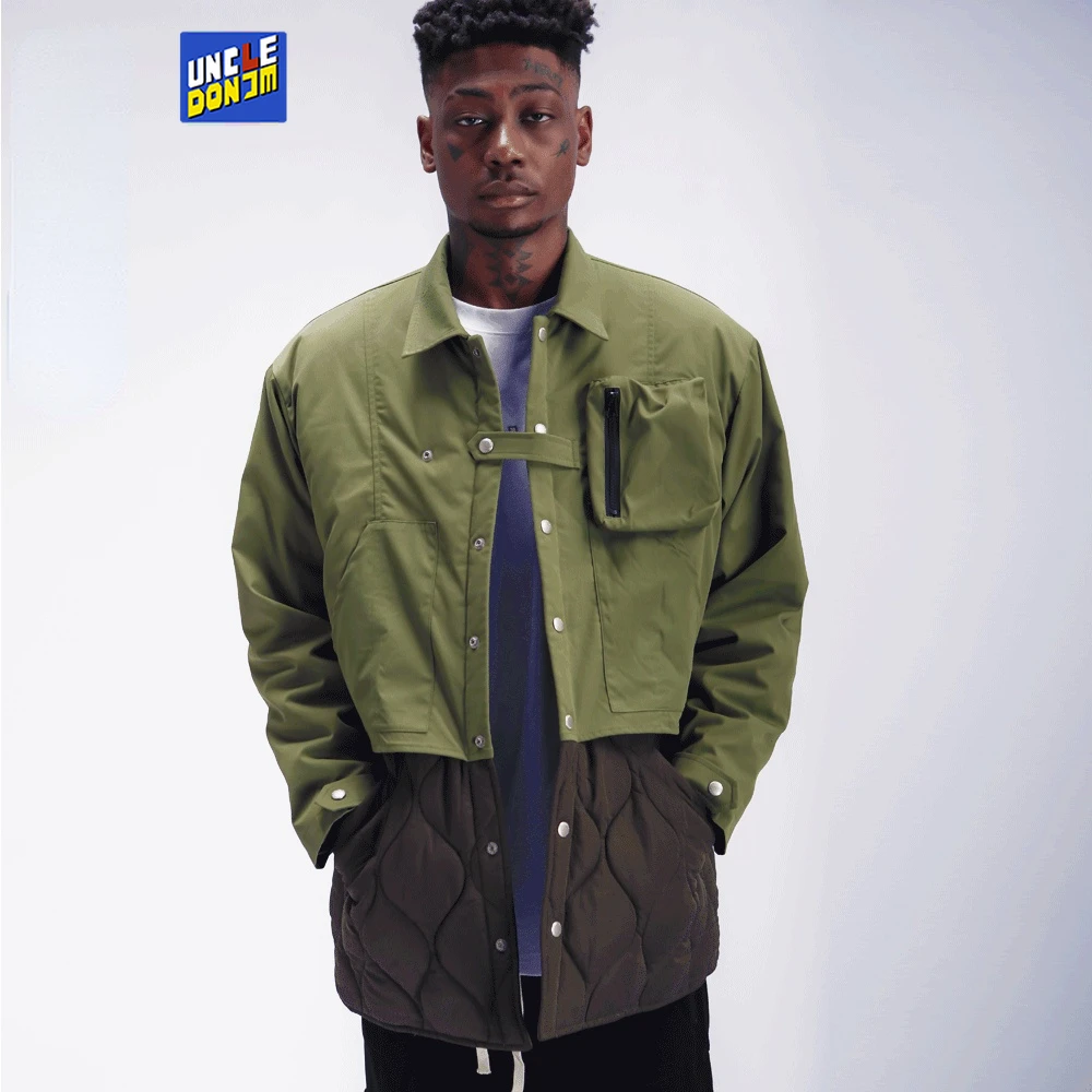 

UNCLEDONJM Korean fashion color block patchwork quilted jacket men high street loose cargo jacket autumn and winter bubble coats