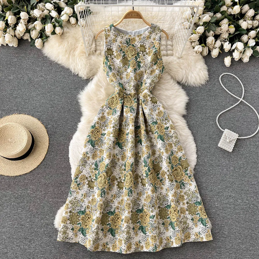 

High Quality Vintage Jacquard Sleeveless Everyday Wearable Temperament Small Dress Slim Fit A-word Big Swing Dress