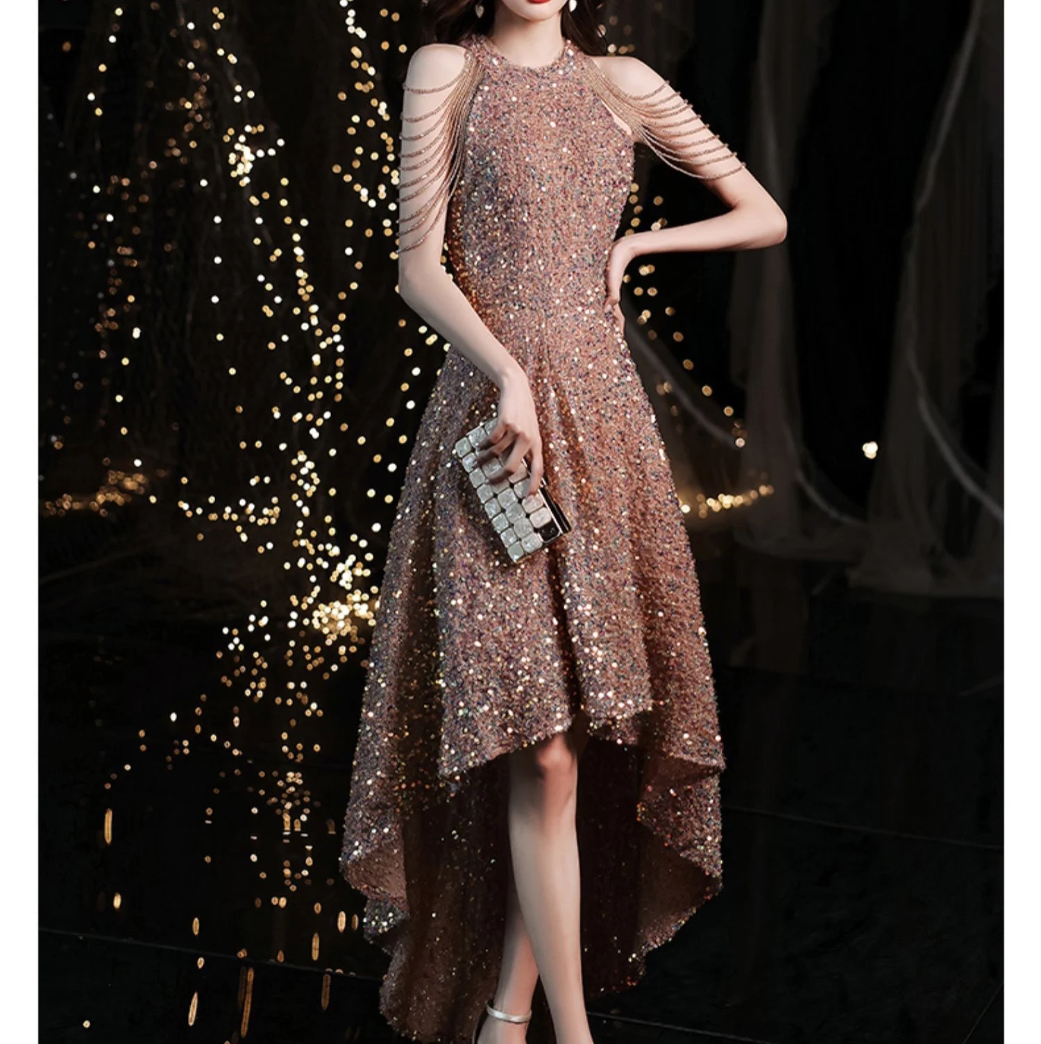

Shiny Rose Pink Prom Dresses Halter Sequined Tassel Sleeves A-Line Knee Length Homecoming Graduation Cocktail Evening Gowns New