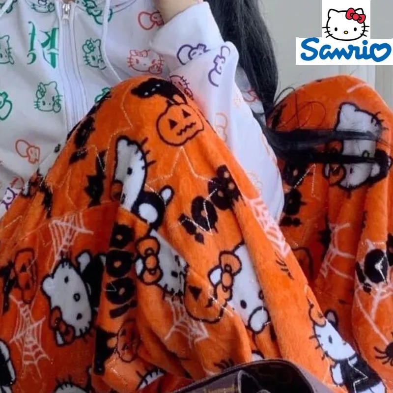 

New Sanrio Hello Kitty Halloween Pajamas Women Autumn Winter Warm Flannel Sleepwear Pjs Pant Home Wear Clothes Y2K Trendy Kawaii