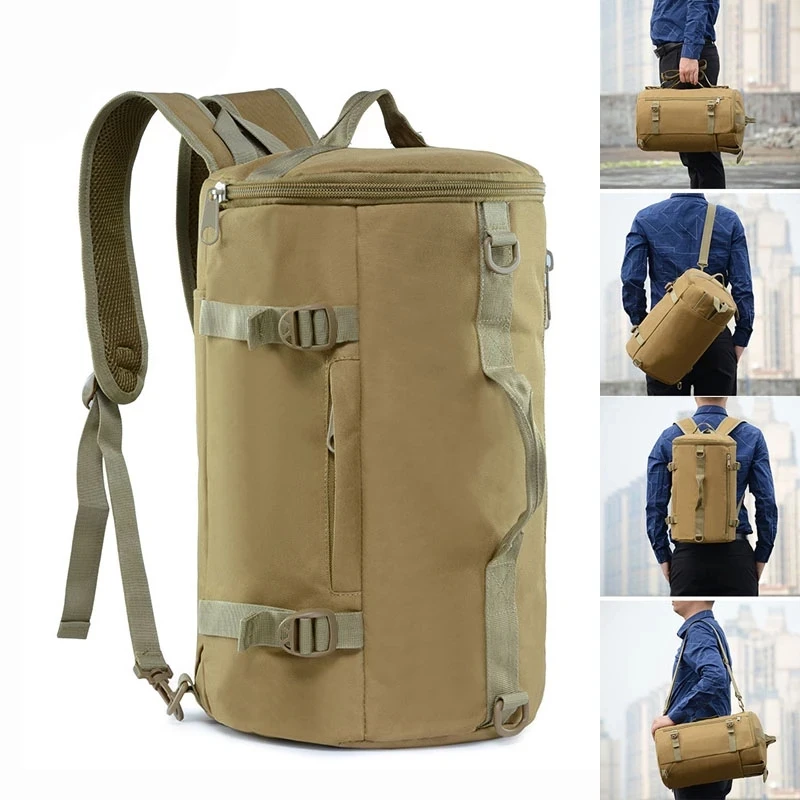 

Men Military Backpack Army Tactical Bag Travel Climbing Handbag Outdoor Canvas Foldable Bucket Cylinder Shoulder Pack Sports