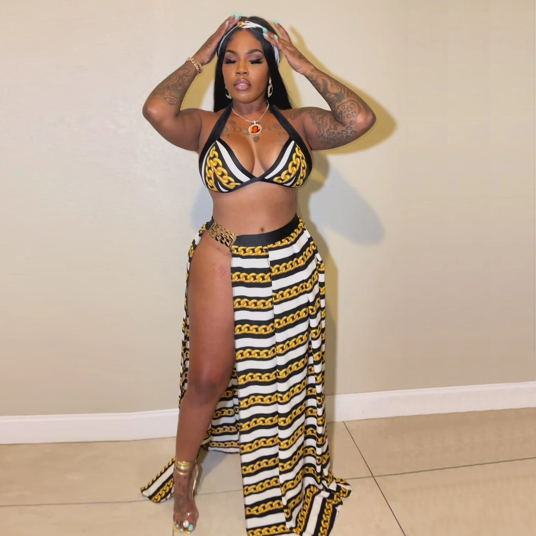 Купальник бикини с принтом золотистой цепочки шарф и накидка комплект из 3