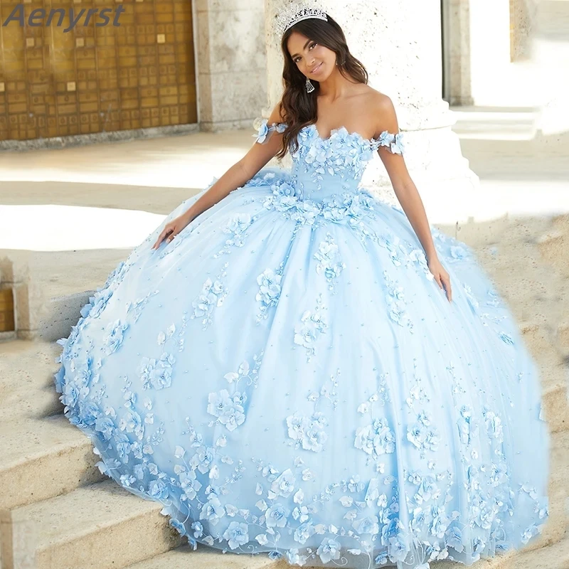 

Aenyrst Off the Shoulder Appliques Ball Gowns Quinceanera Dresses Beaded Vestidos De 15 Años Flower Quinceañeras Birthday Prom