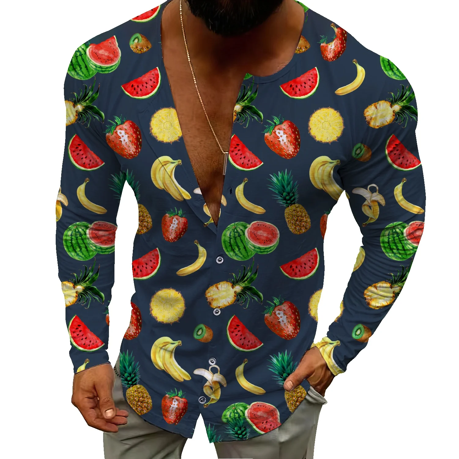 

2022T-shirts Men new foreign trade men's summer long-sleeved men's T-shirt trend fruit leaf print all-match shirt