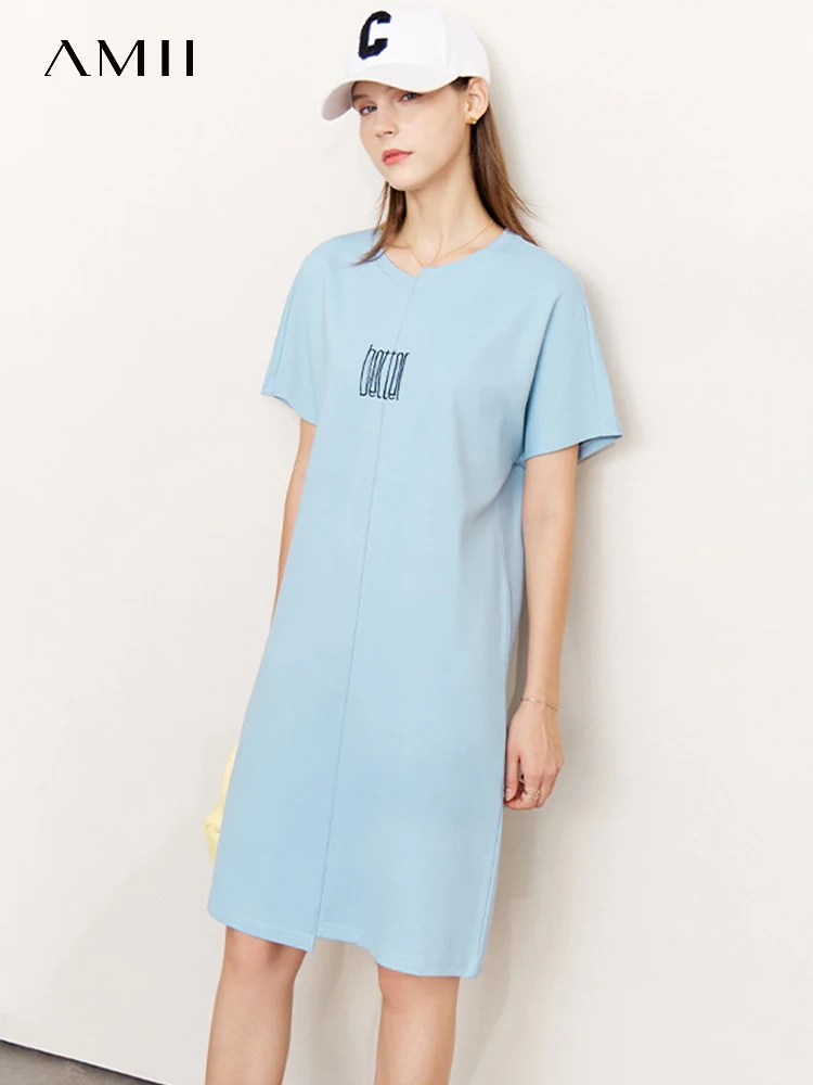 AMII Minimalism Women's Vestido Embroidery Letter Short Sleeve T-shirt Dresses for Women 2023 Summer New Straight Dress 72240829