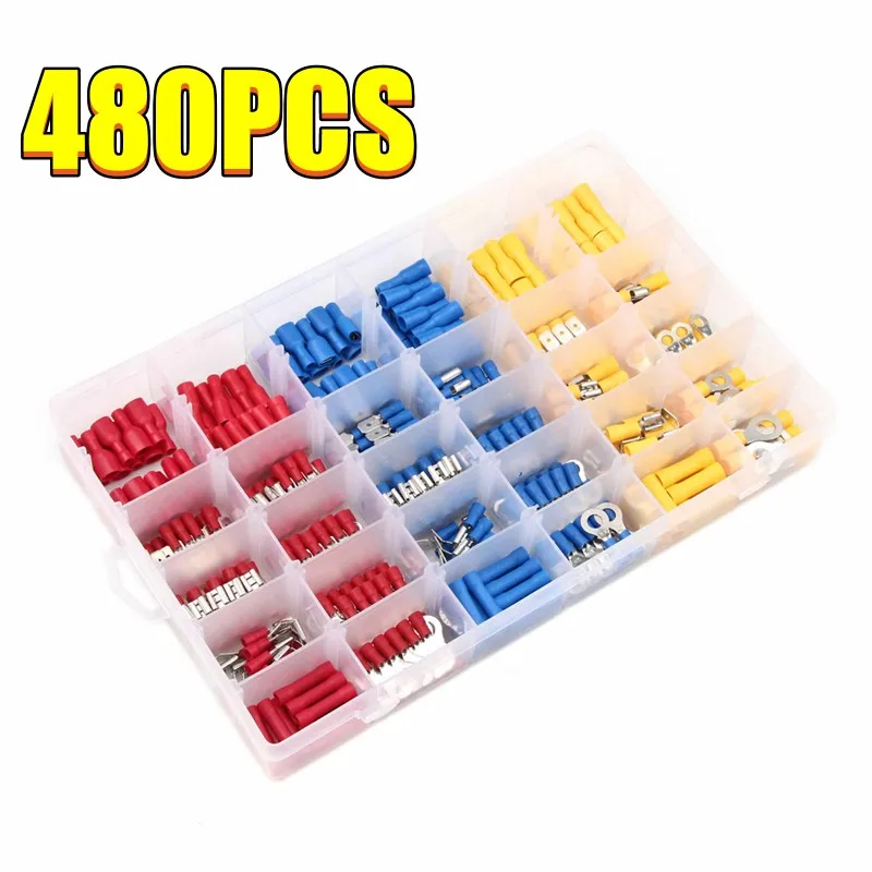 

480 шт., обжимные клеммы в ассортименте, три цвета, изолированные клеммы, Электрический обжимной соединитель, Стыковая лопатка, набор колец-вилок