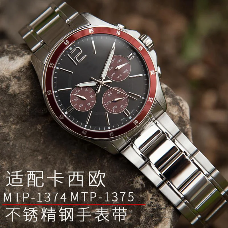 22mm Solid Curved End Strap for Casio MTP-1374 MTP-1375 Wrist Bracelet Top Quality Stainless Steel Watchband Metal Belt