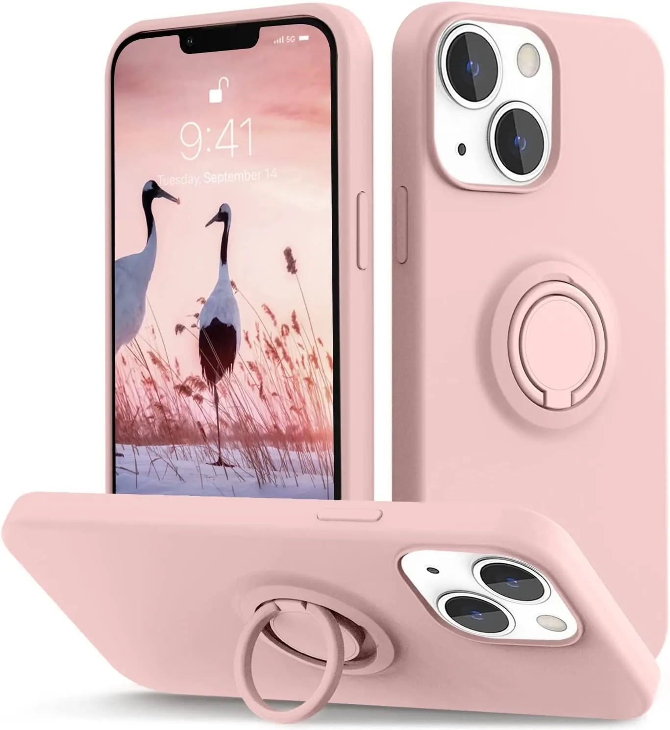 

Compatible iPhone 13 Pro Case, Soft Liquid Silicone Full Body Protective Case with Ring Stand, Scratch Resistant, (Sand Pink)