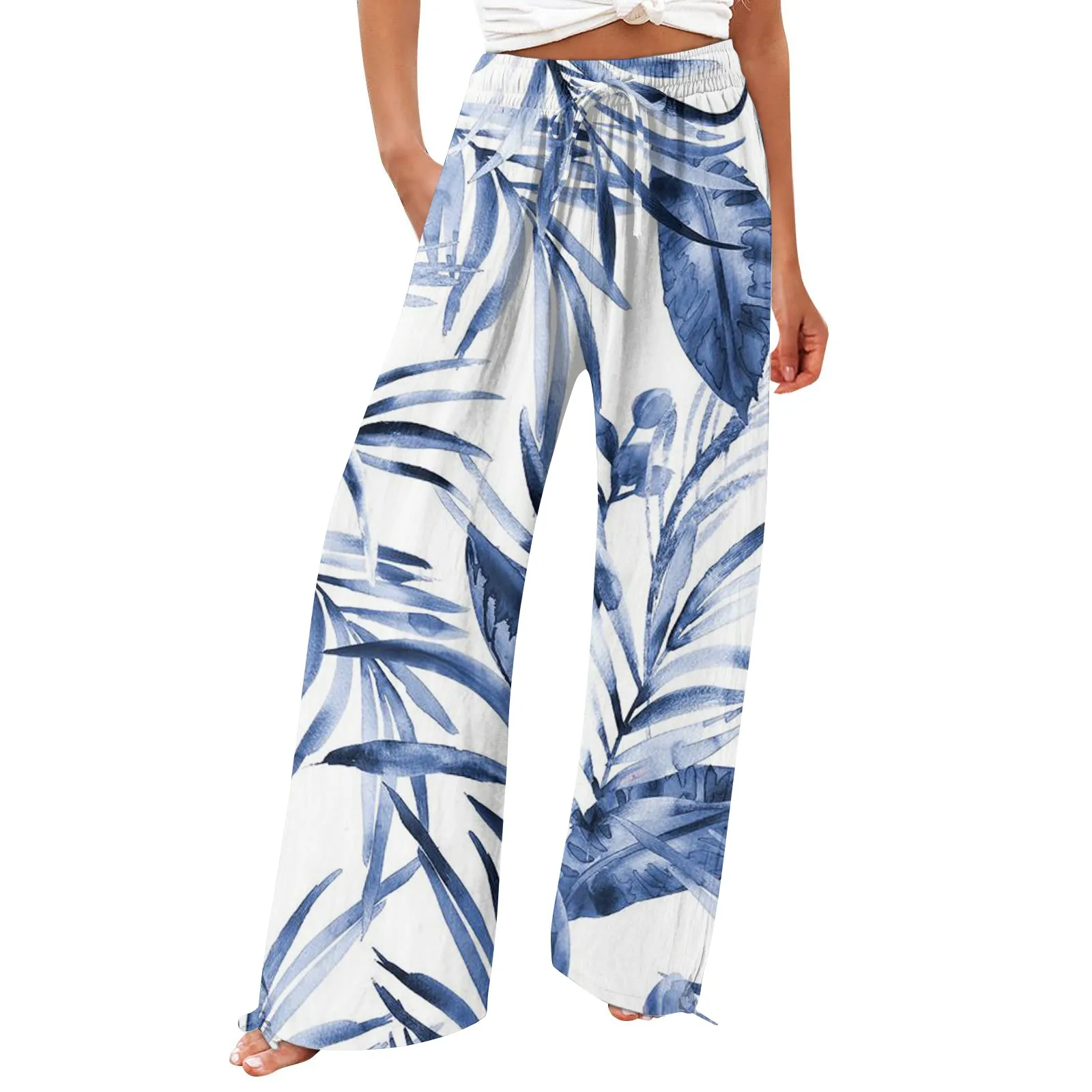 

Брюки женские летние с завышенной талией и широкими штанинами с принтом