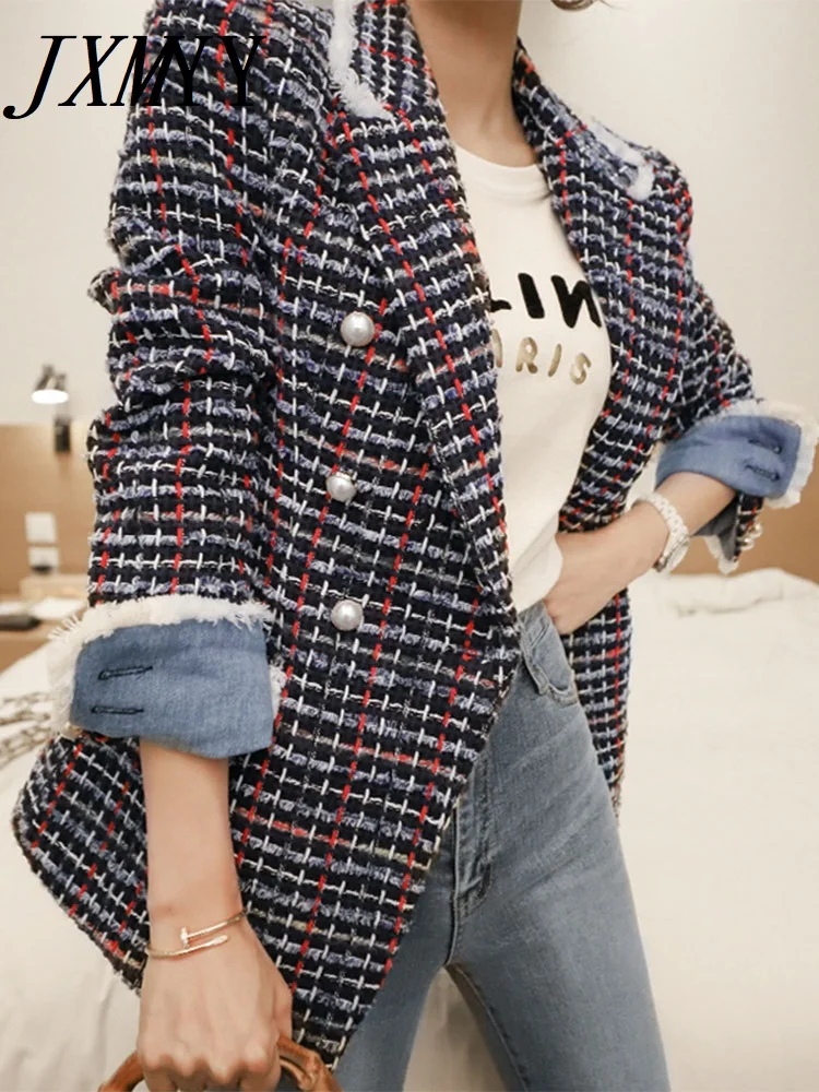 

Fashion Elegant Women Tweed Outwear Casual Retro Plaid Double Breasted Pearl Button Lady Femme Mujer Autumn Winter Coat Jacket