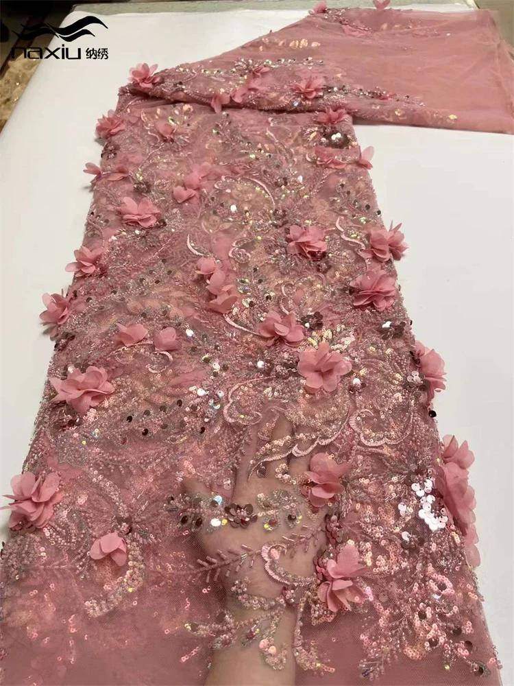 

Madison-Luxury Африканская Тяжелая кружевная ткань из бисера, нигерийская вышивка, 3D-цветок, кружевная ткань из тюля с блестками, 5 ярдов для Se