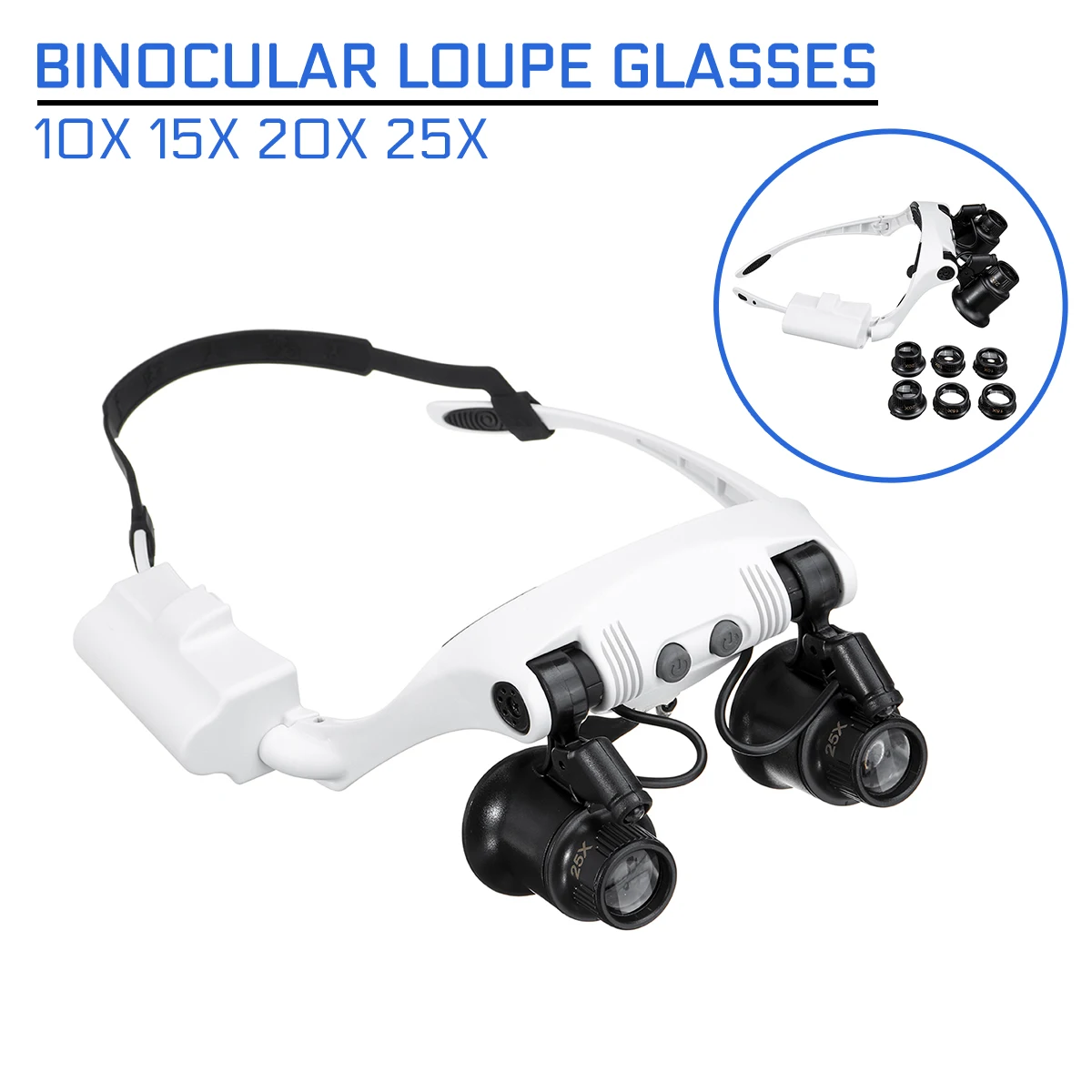 10X 15X 20X 25X LED Magnifier Double Eye Glasses Loupe Lens Professional Jeweler Watch Repair Measurement with 8 Lens LED lamp