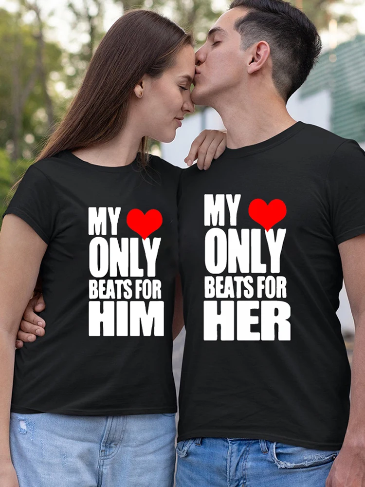 

Couple Valentines Matching T Shirts My Heart Only Beats for Him Her Girlfriend Boyfriend Hasband Wife Fiancee Fiance Party Gift