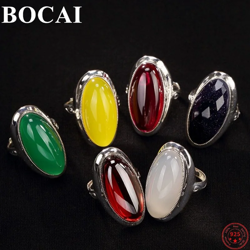 

BOCAI 100% S925 Sterling Silver Rings Garnet Chalcedony Blue SandStone Pure Argentum Gem Ornaments 2021 Hand Jewelry For Women