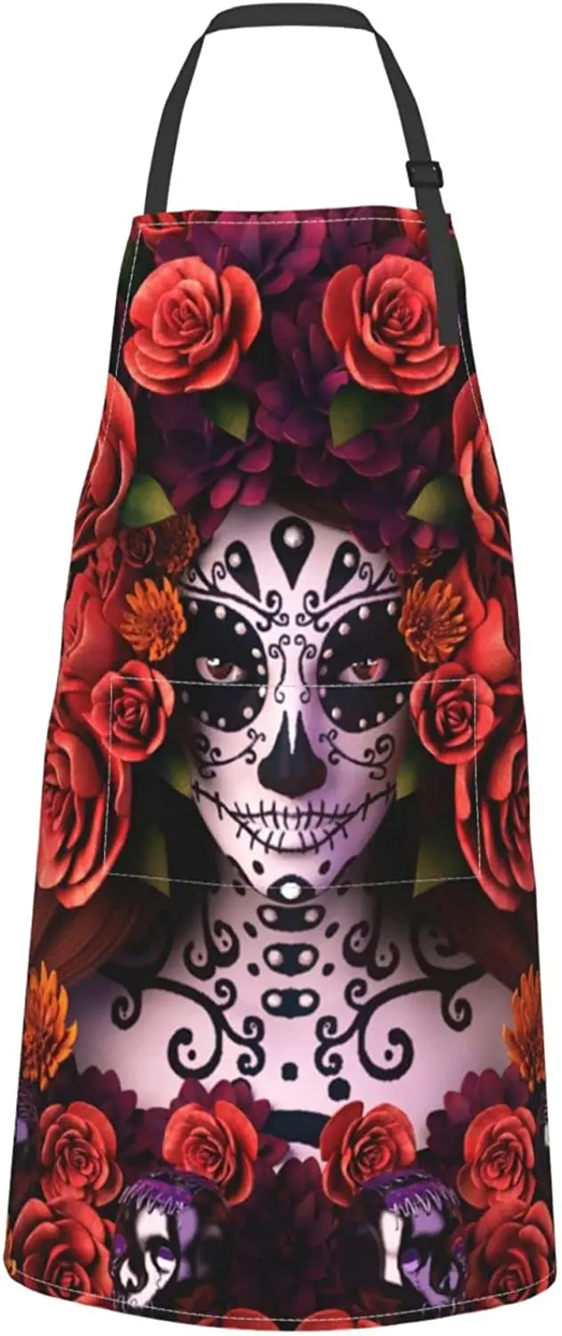 

Art Floral Sugar Skull Apron with 2 Pockets BBQ Cooking Kitchen Bib Chef Aprons for Women Men Adjustable Stain Resistant