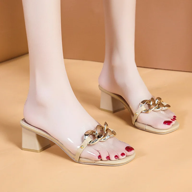 Women Shoes Summer Slippers Fashion PVC Square Heel Gold Chain Peep Toe Slippers Shallow Zapatillas Casa Mujer Sapatos Femininos