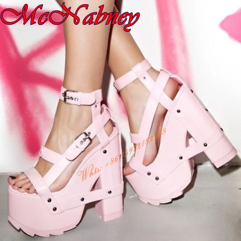 

High Platform Straps Sandals Hollow Chunky High Heel Open Toe Rivet Summer Shoes Ankle Buckles Super High Party Dress Sandals