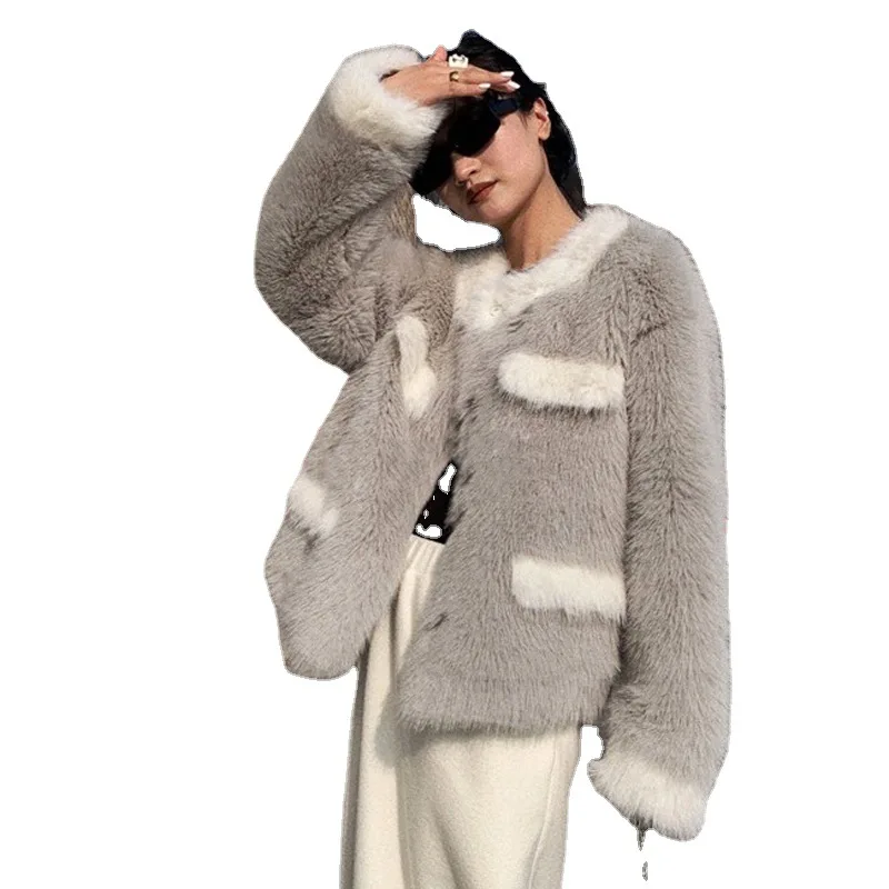 Contrast Splice Wool Coat Winter Warm Short Women