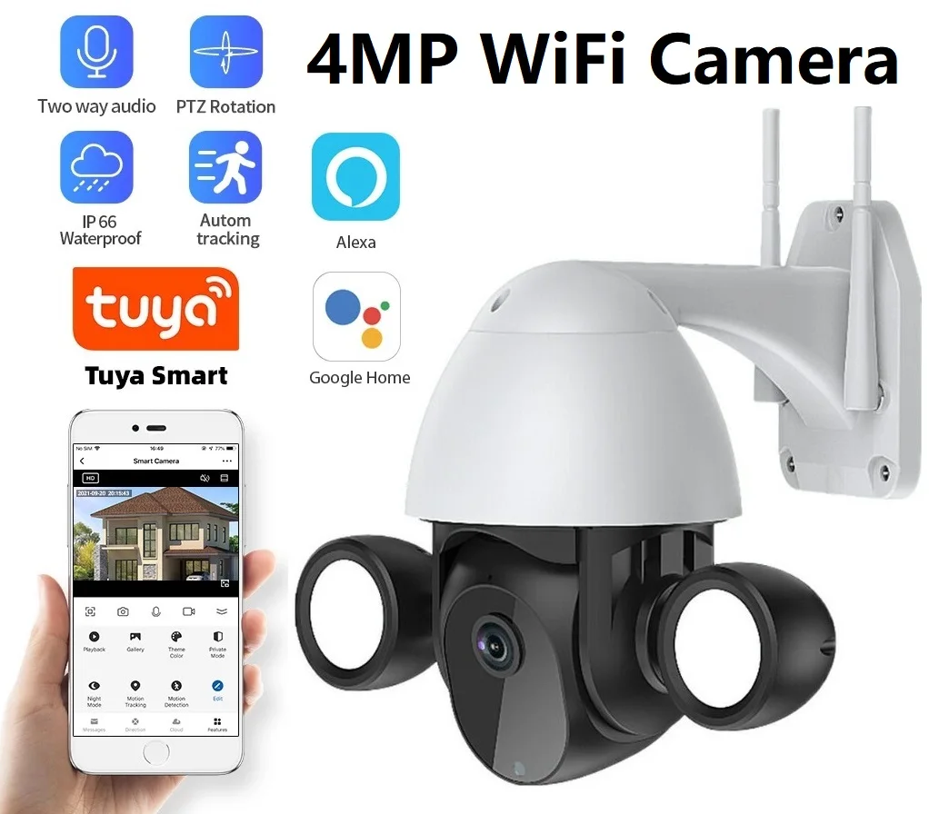 

1080P 4MP Tuya Smart Life WiFi PTZ IP Camera Outdoor Foodlight Google Home Alexa Auto Tracking Security Camera Waterproof
