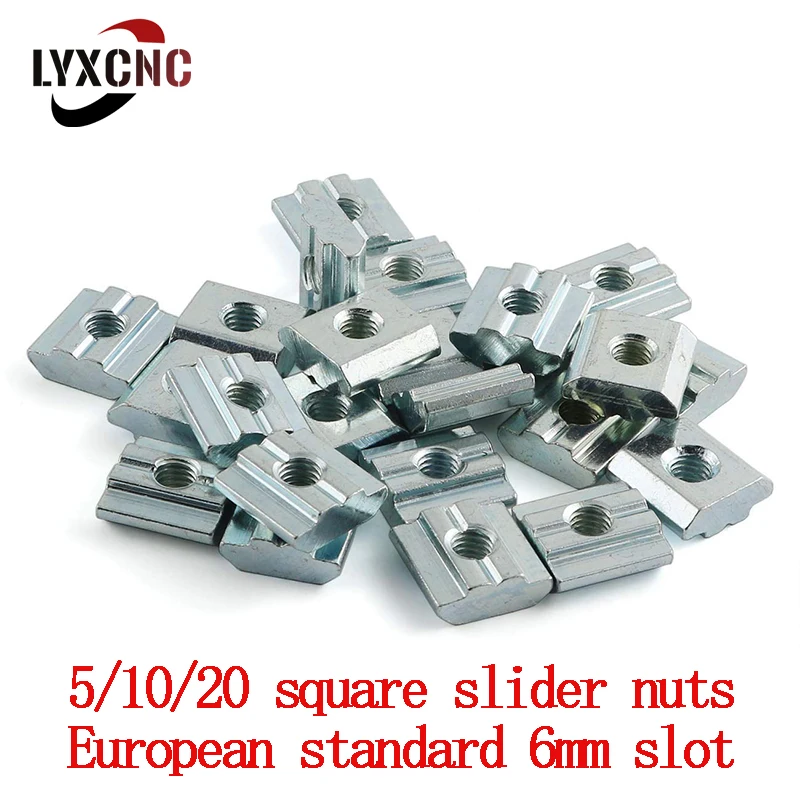 

1/5/10/20PCS M3 M4 M5 M6 T Sliding Block Square Nut Eu Standard For 2020 Aluminum Profile 6mm Slot Zinc Coated Plate 3D Printer