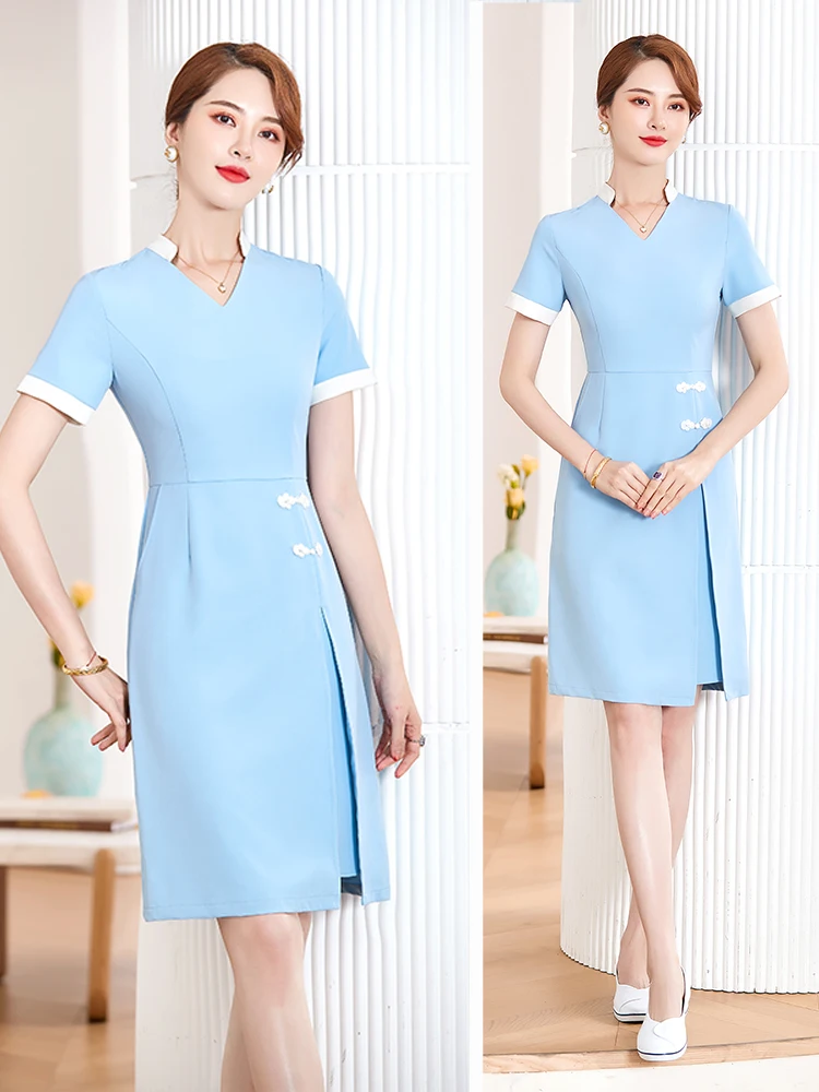 

Professional Dress Female Short Sleeved Beautician Work Clothes High-end Stewardess Uniform One-step Skirt Hotel Front Desk Form