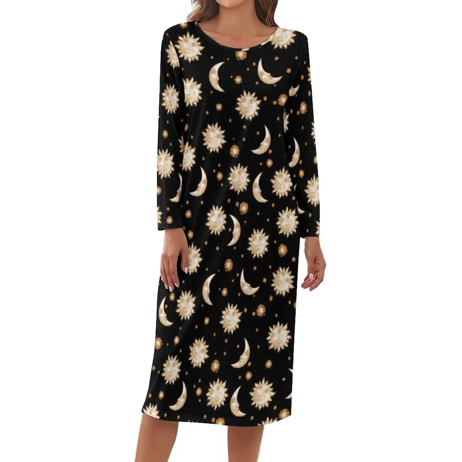 

Винтажная Золотая Пижама Moon, женские небесные солнцезащитные ночные платья, осенняя Милая Ночная рубашка с длинным рукавом и круглым вырез...