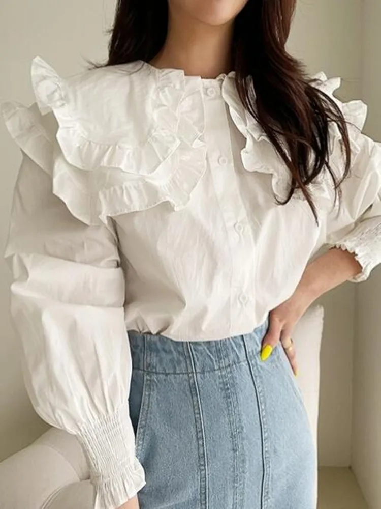 

ZAWFL Blusas Mujer De Moda Spring Korean Chic Chemise Femme Loose Puff Long Sleeve White Shirts Women Peter Pan Collar Tops