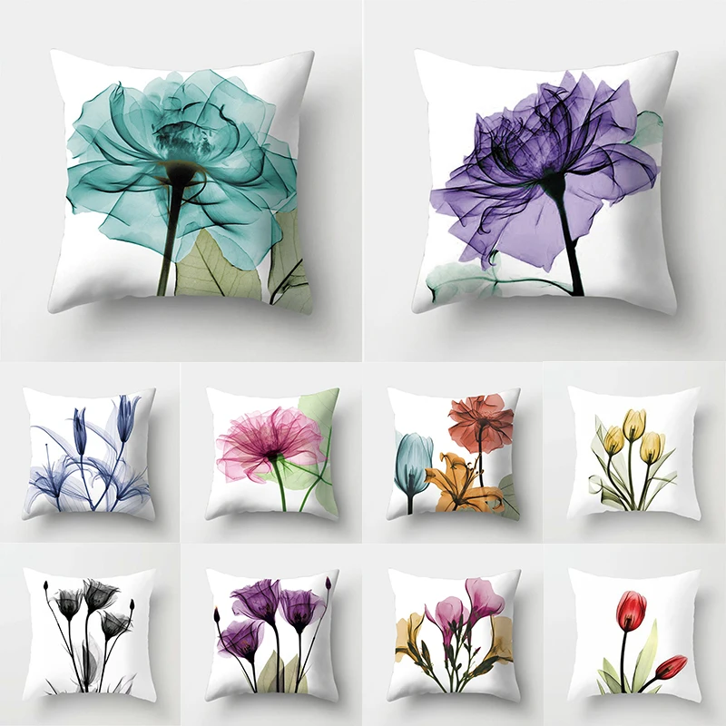 

Ink Floral Cushion Cover Purple Flower Double Print Pillow Cover 45x45cm Polyester Pillowcase Leaves Plant Waist Pillow Case