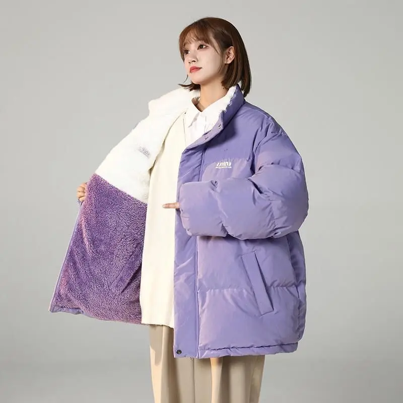 

Double-sided Lilac Fuzzy Woolen Bread Jackets Plus Size Winter Faux Fur Coat Women Cotton-padded Jacket Cow Print Outerwear Cute