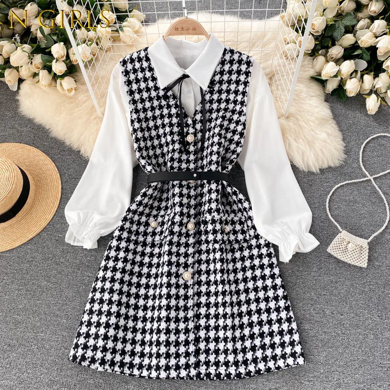 

N GIRLS Runway Autumn Wintet Korean Chiffon Puff Sleeve Women's Blouse Top + Double Plaid Tweed Vest Dress Two Piece Set