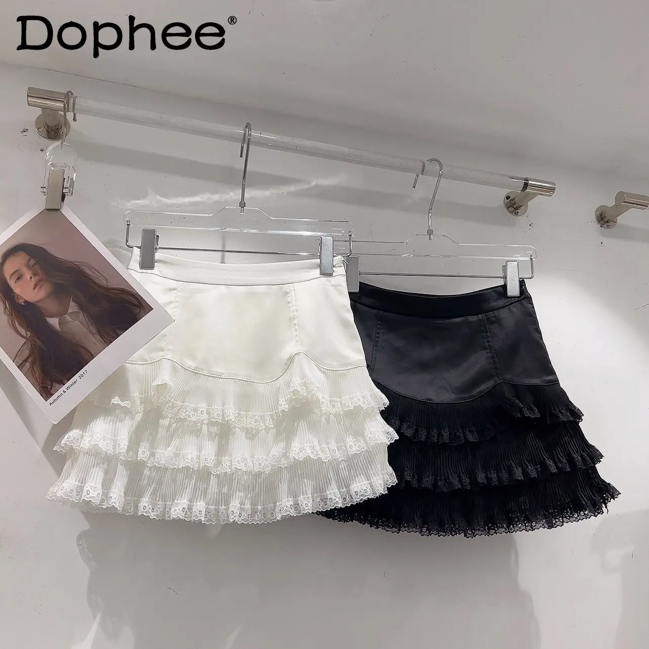 

Sweet Laminated Lace Stitching A- Line Satin Black Skirt Women 2023 Summer Korean High Waist Slimming All-Matching Short Skirt