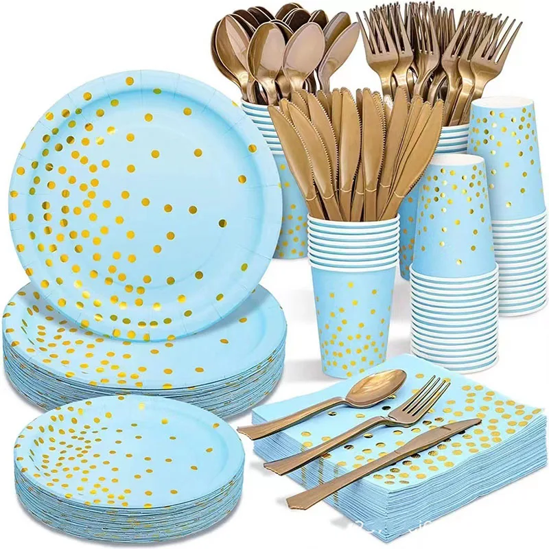 

Набор синей одноразовой посуды в горошек, черная и Золотая тарелка и вилка для взрослых, декор для свадьбы, дня рождения, вечеринки, синие ук...