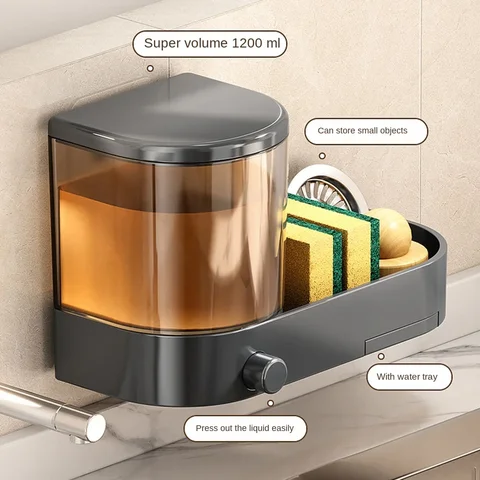 Настенный дозатор кухонного мыла 1200 мл с держателем для губки и сливным поддоном, ручной пресс, держатель для жидкости, большая емкость без перфорации