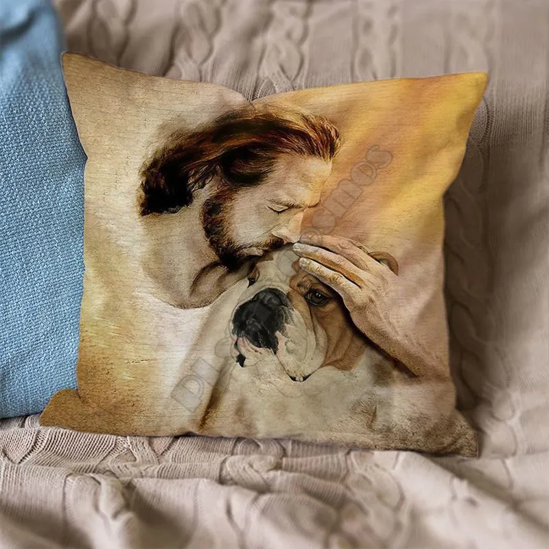 

English Bulldog With GodJesus Pillow Case 3D Printed Decorative Pillowcases Throw Pillow Cover Zipper Pillow cases Love Dog Gift