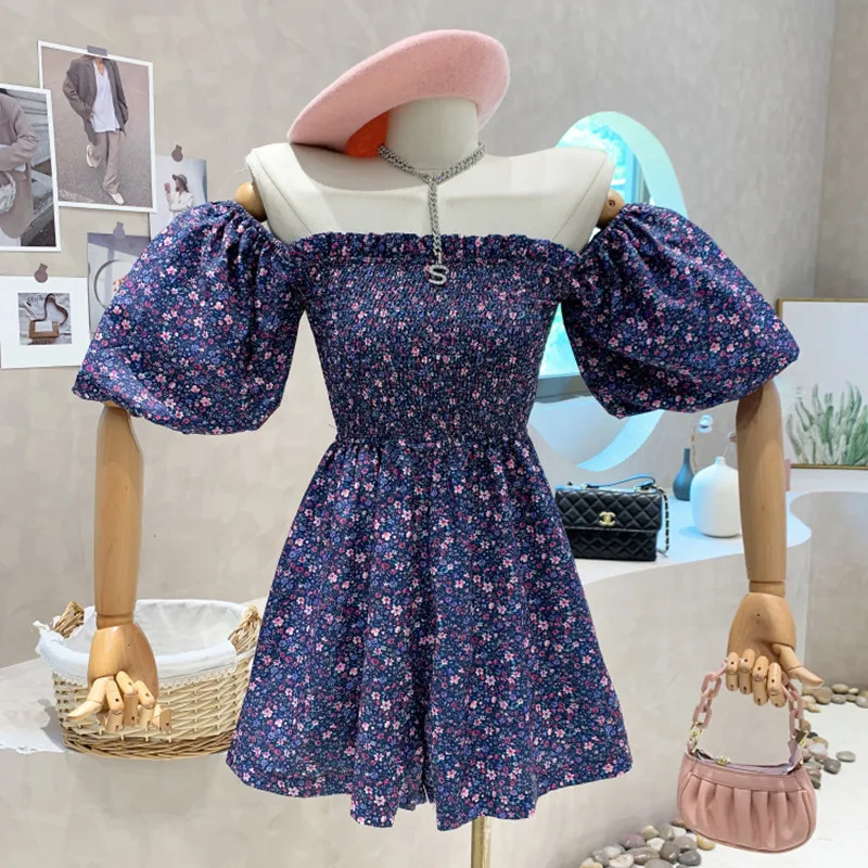 

Niche Design New Women's Clothing 2022 Summer Retro Off Shoulder Bubble Short Sleeve Floral Jumpsuit High Waist Wide Leg Shorts