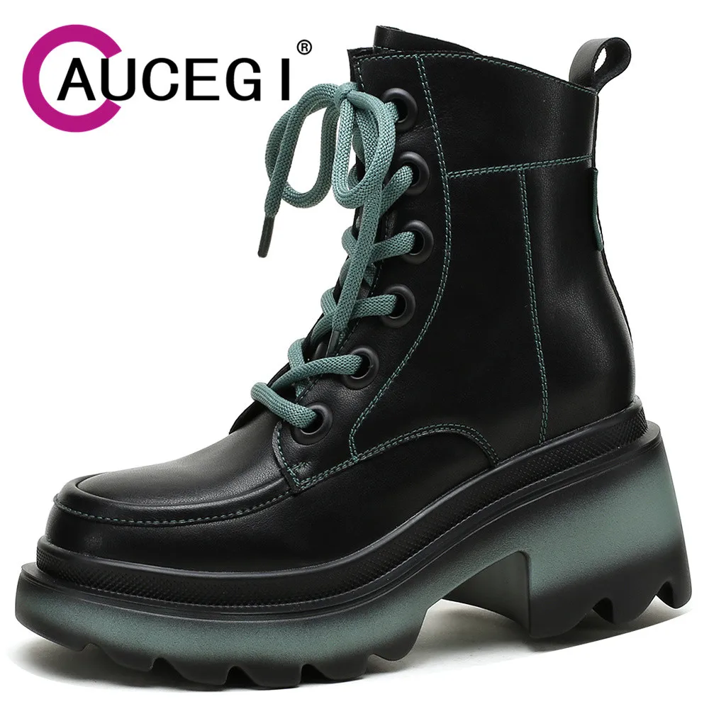 

Aucegi новый дизайн осень-зима женские ботильоны на шнуровке на толстой подошве в стиле ретро с круглым носком качественная кожаная универсал...