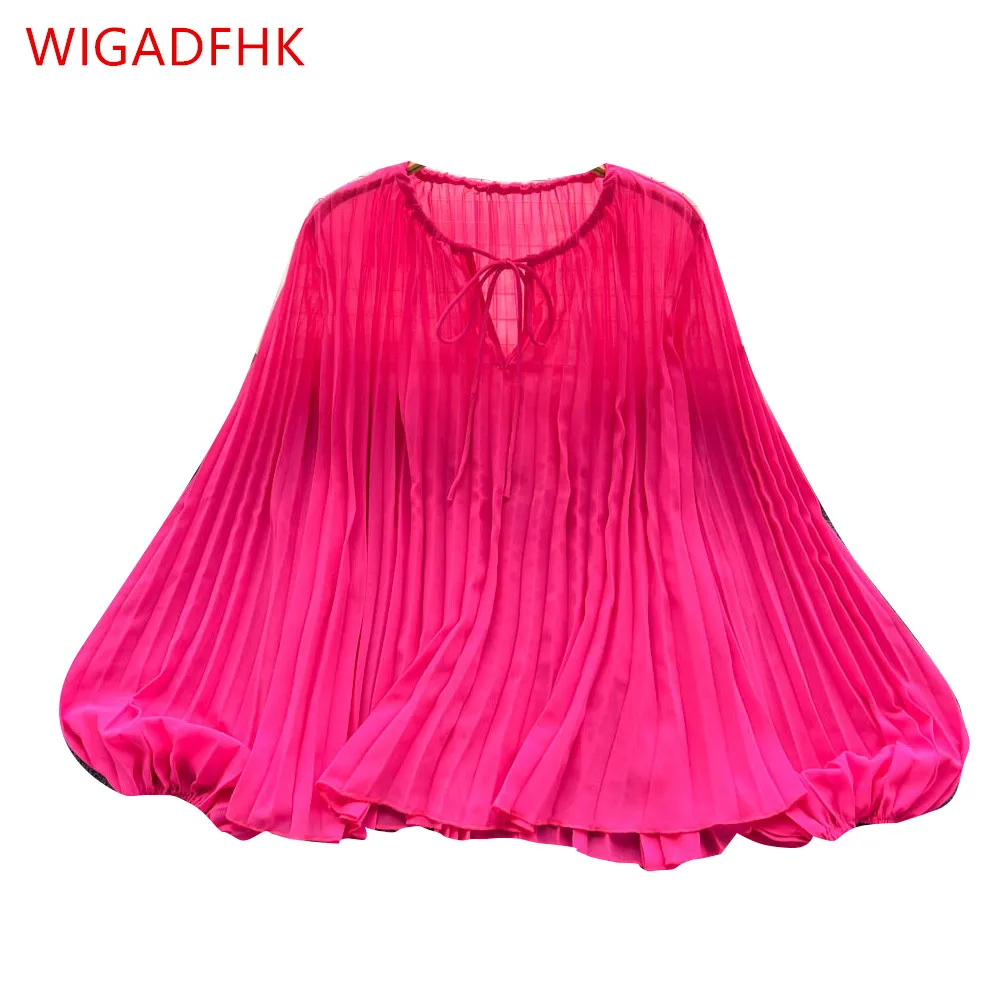 

WIGADFHK Women's Pleated Chiffon Shirt Blouse 2022 Summer Women's Lantern Long Sleeve Shirt Loose Top Streetwear