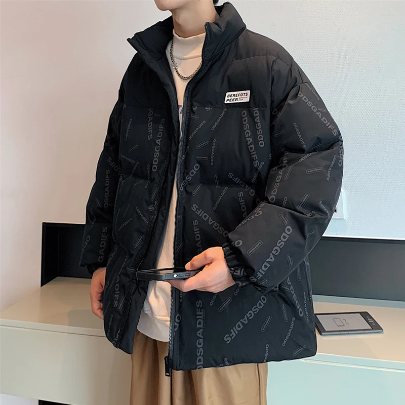 2023 Men Winter Jacket Thicken Warm Cotton Loose Stand Collar Harajuku Casual Parkas Coats