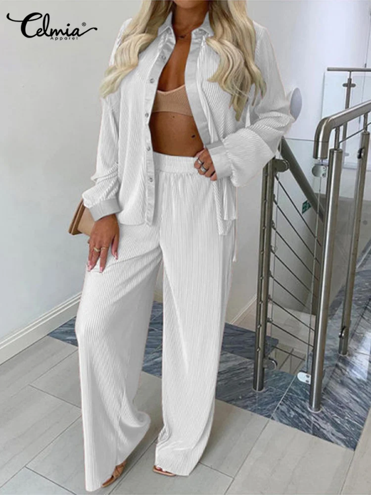 

Celmia Fashion Silky Pant Sets Women Oversize Pleated Tracksuits Casual Long Sleeve Shirt and High Waist Trouser 2pcs Outfits