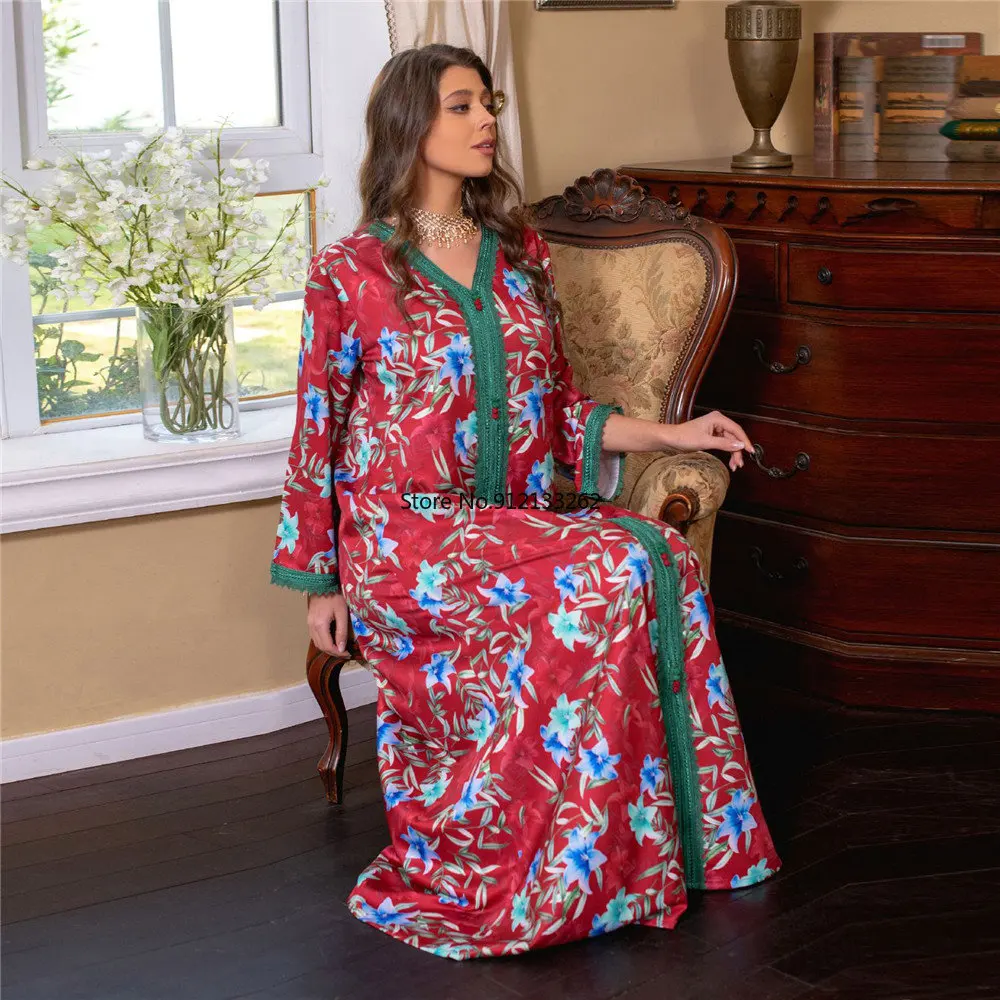 Fashion High Quality Dress for Ladies Middle Eastern Muslim Women Moroccan Jalabiya Dubai Arab Print Maxi Dress Party Ramadan