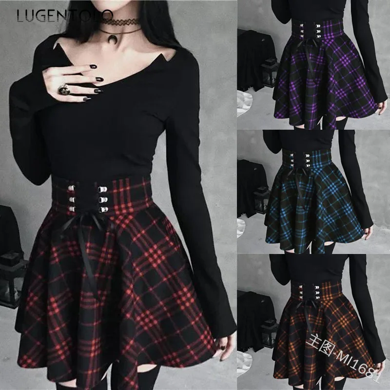 

Lugentolo Skirts Womens Summer Plaid Irregular Lace-Up Polyester Big Swing Above Knee, Mini Casual Fashion Plus Size Skirt